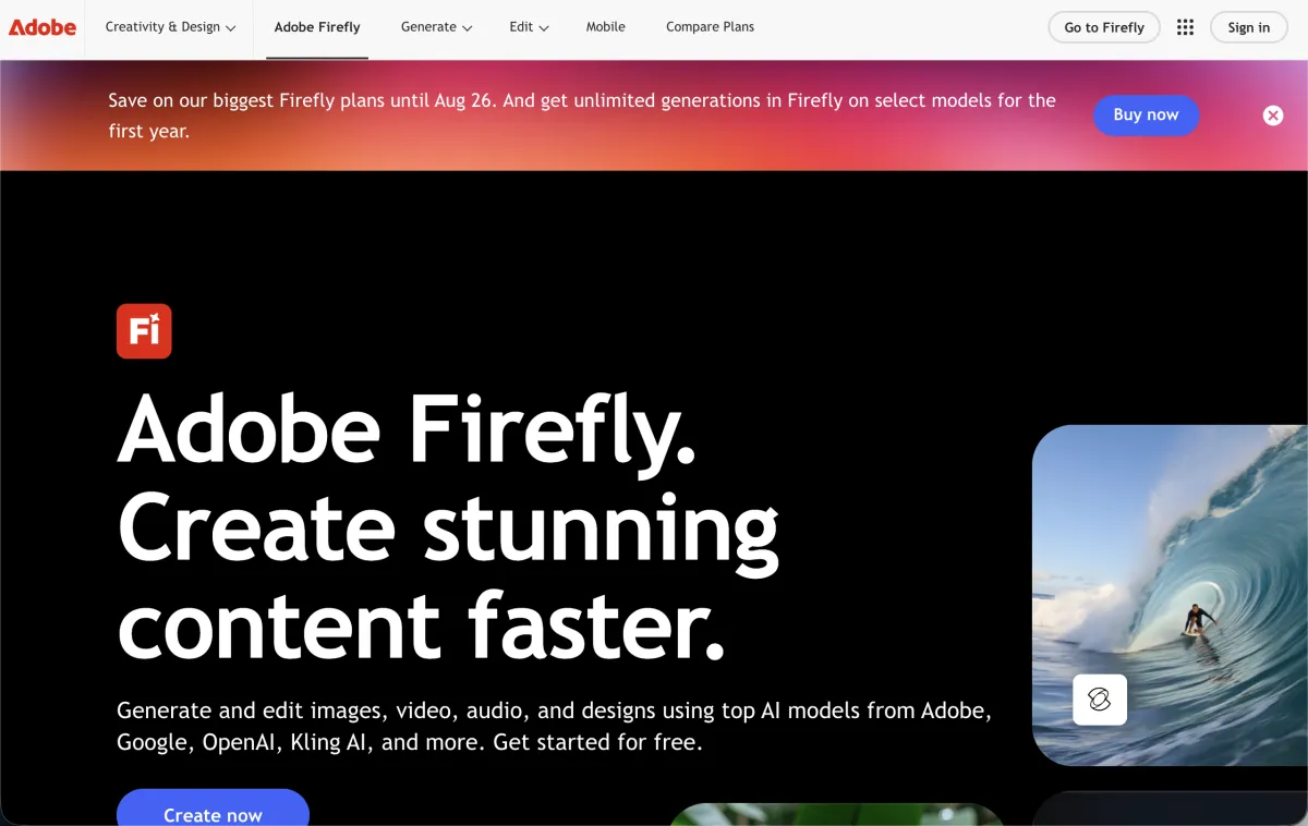 Adobe Firefly 官网首页截图